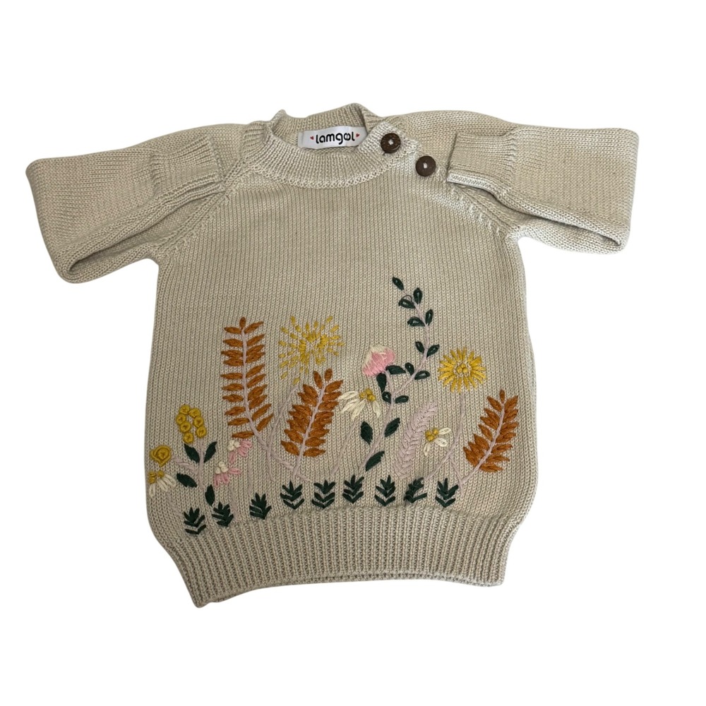 Lamgool Kids Beige Knit Floral‎ Embroidered Sweater Shoulder Buttons Long Sleeve